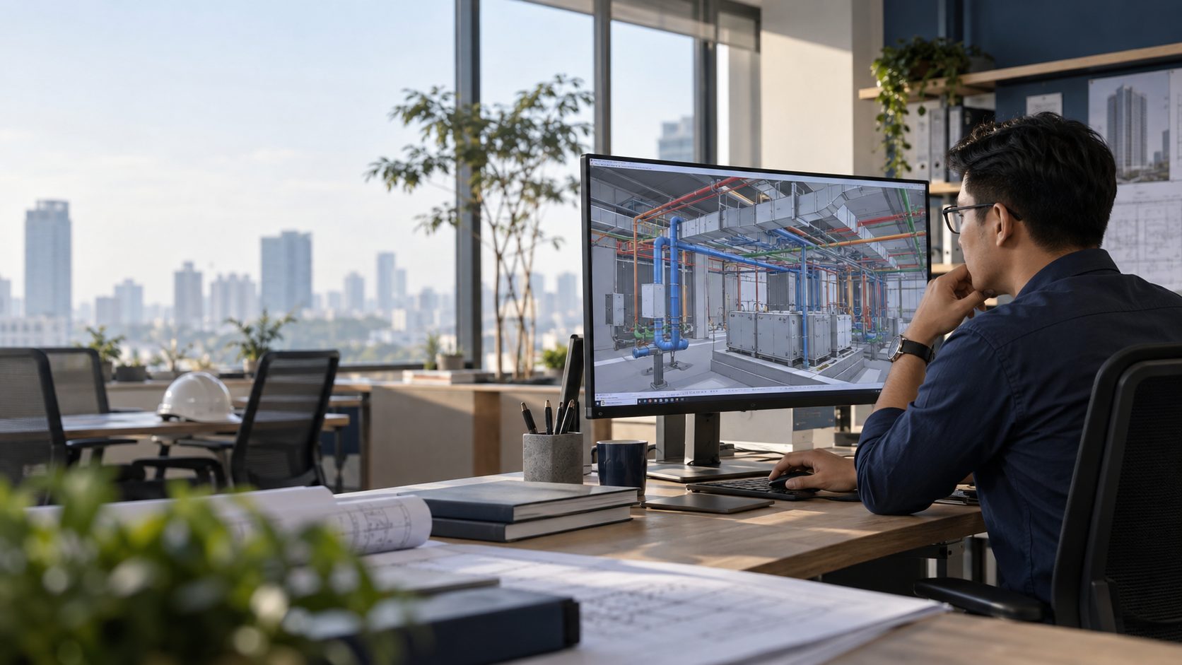 Engineer BIM meninjau model 3D MEP di monitor kantor